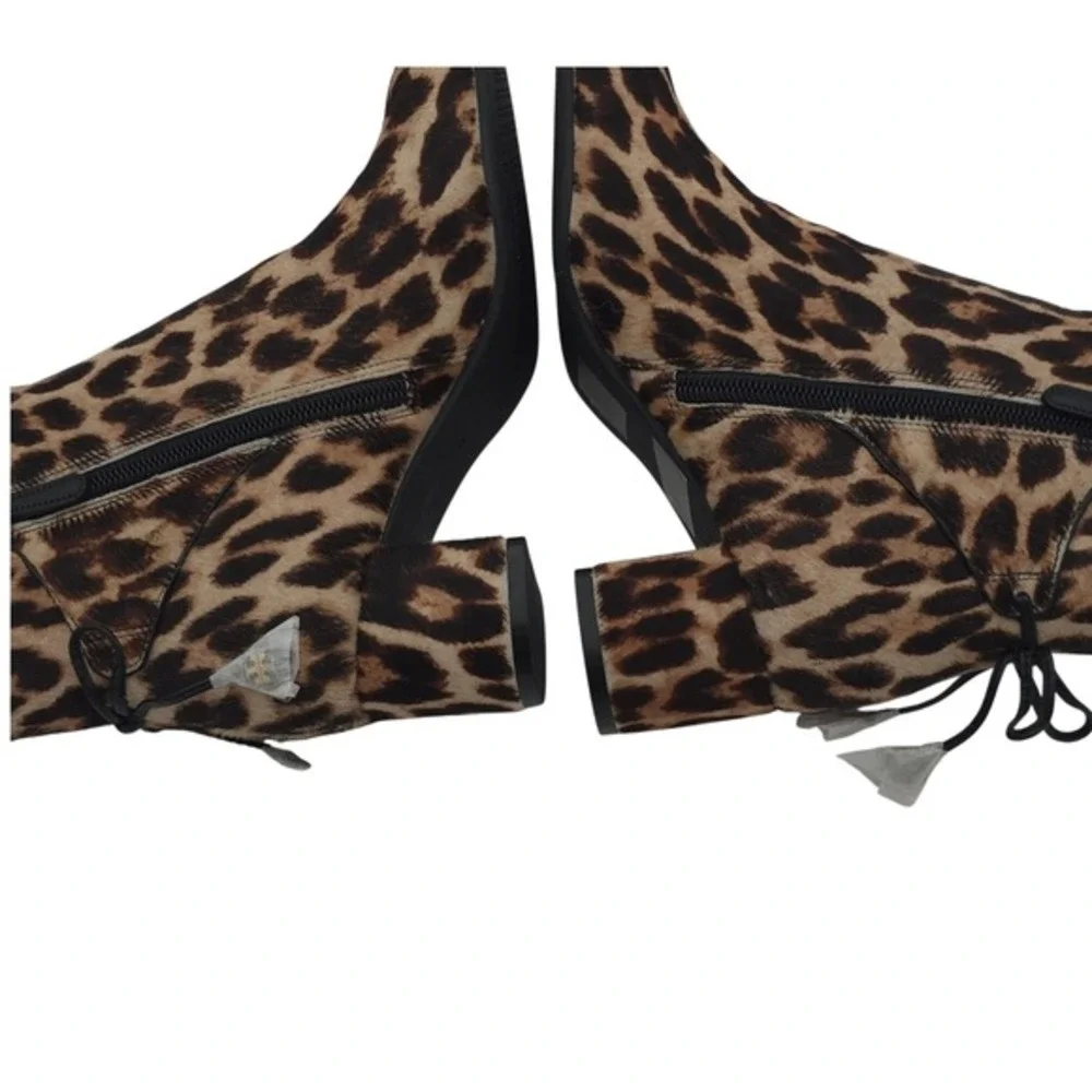 Tory‎ Burch Laila Leopard Calf Hair Ankle Boots Size 6 Block Heel Bow Tie NWOT
